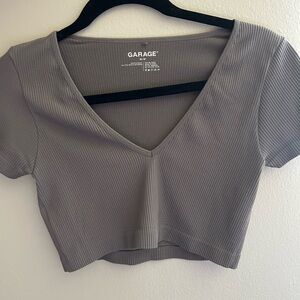 Garage Charcoal Ribbed V-Neck Crop Top